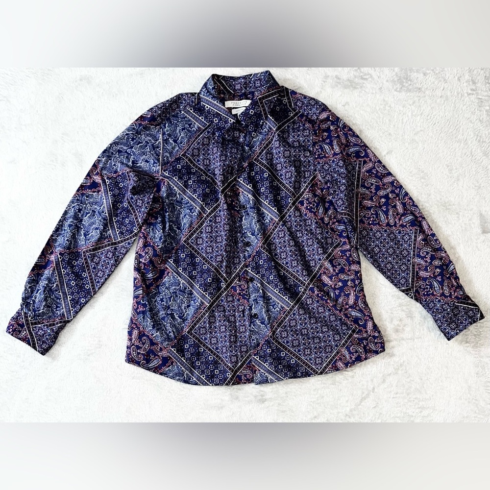 Foxcroft For Appleseed’s Sz 12 Blue Floral Paisley Button Shirt Wrinkle Free EUC